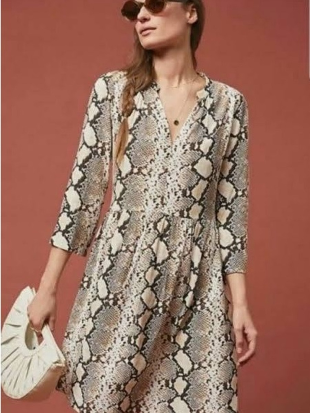 Anthropologie Maeve Snake-Print Midi Dress in Cream, Black Tan earthy python